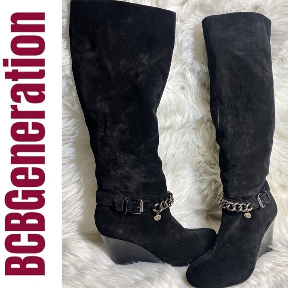 BCBGeneration Merryl Black Genuine Suede Tall Wedge Chain Link Boots, Size 9 - Picture 1 of 12